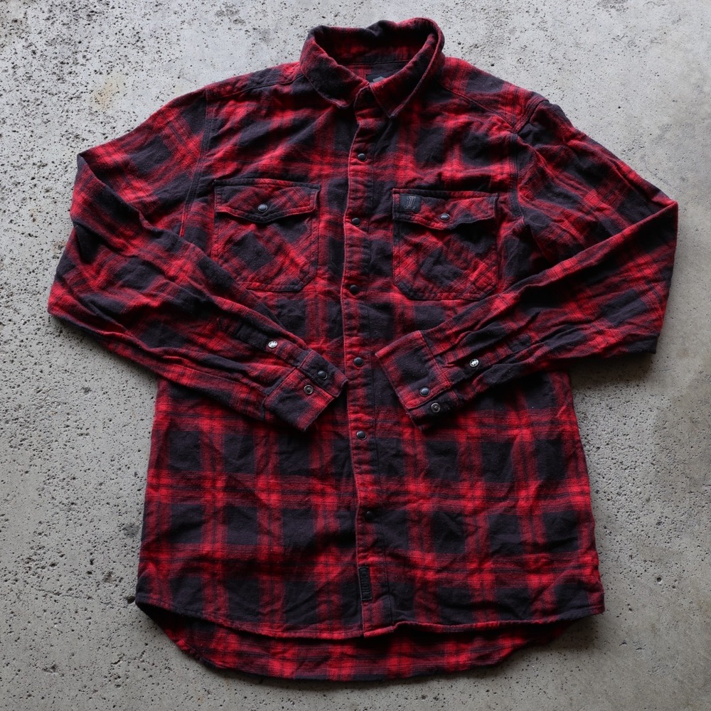 Harley Davidson Red Black Plaid Flannel Snap Button Shirt #1 Logo Men's Size M